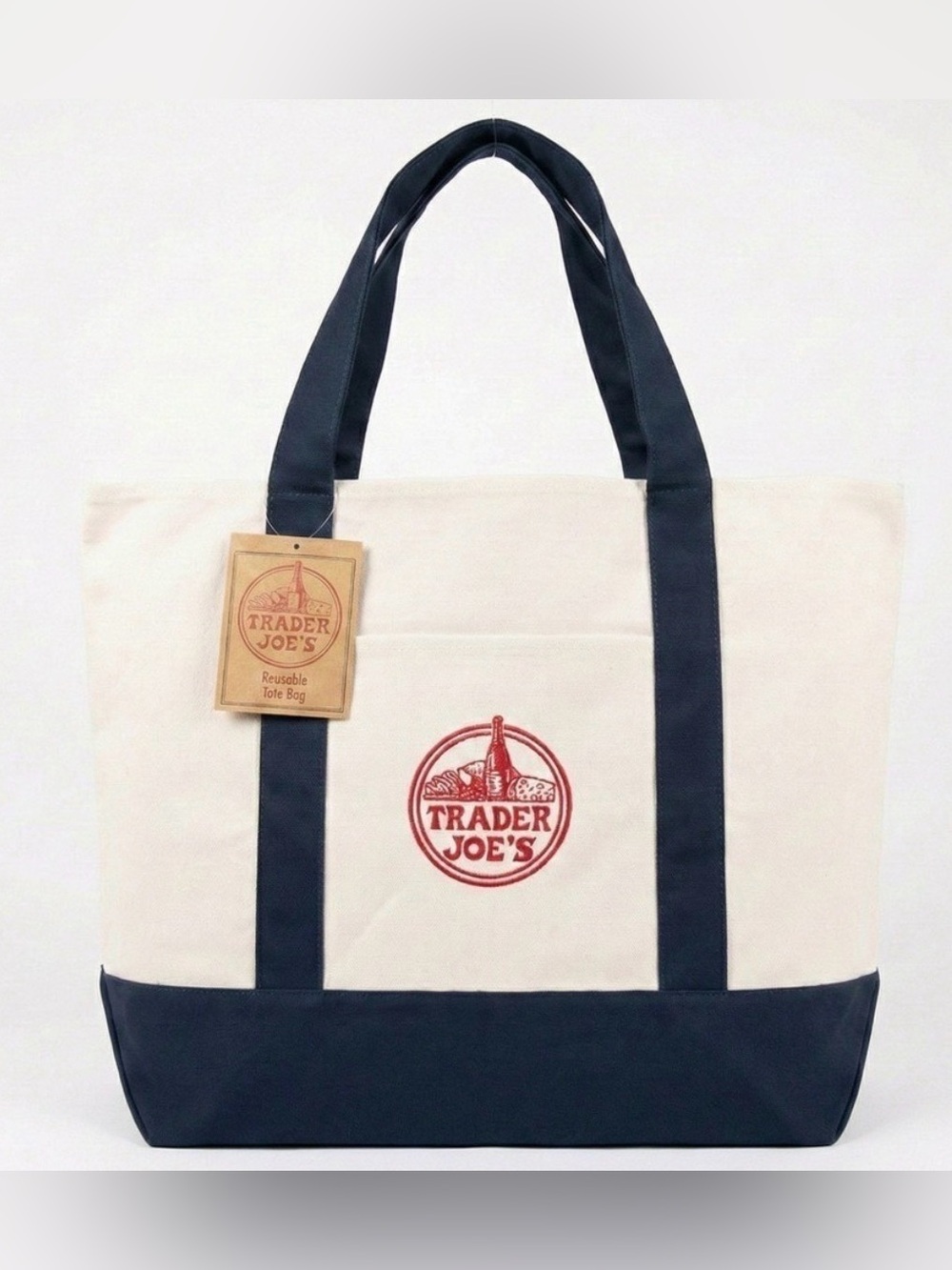 Trader Joe's Large Canvas Tote Bag Navy Cream Reusable NWT